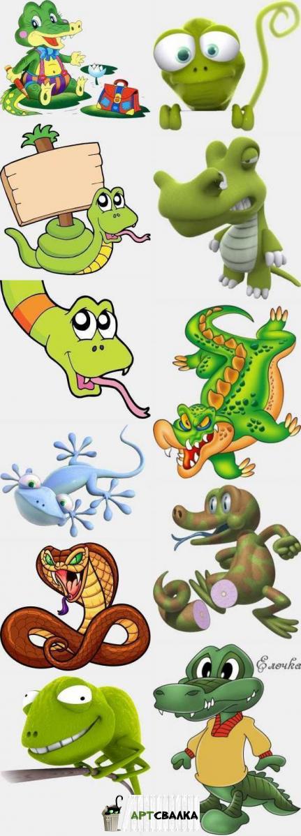 Мультяшные змеи, ящерицы, крокодилы на прозрачном фоне | Cartoon snakes, lizards, crocodiles on a transparent background